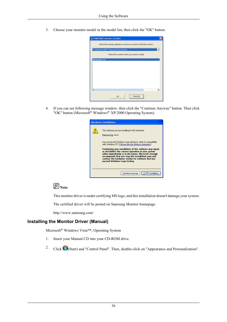 Installing the monitor driver (manual) | Samsung 2263UW User Manual | Page 37 / 88