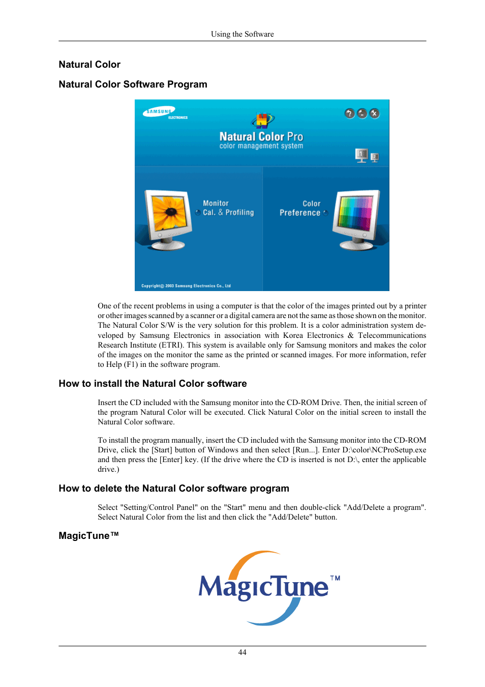Natural color, Natural color software program, How to install the natural color software | How to delete the natural color software program, Magictune | Samsung 2263UW User Manual | Page 45 / 88