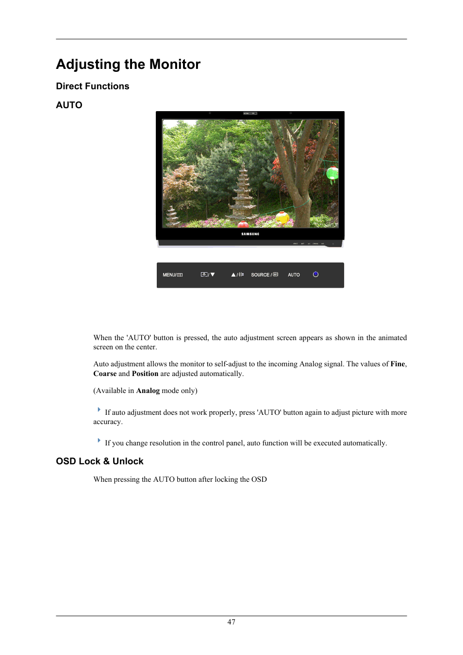 Adjusting the monitor, Direct functions, Auto | Osd lock & unlock | Samsung 2263UW User Manual | Page 48 / 88