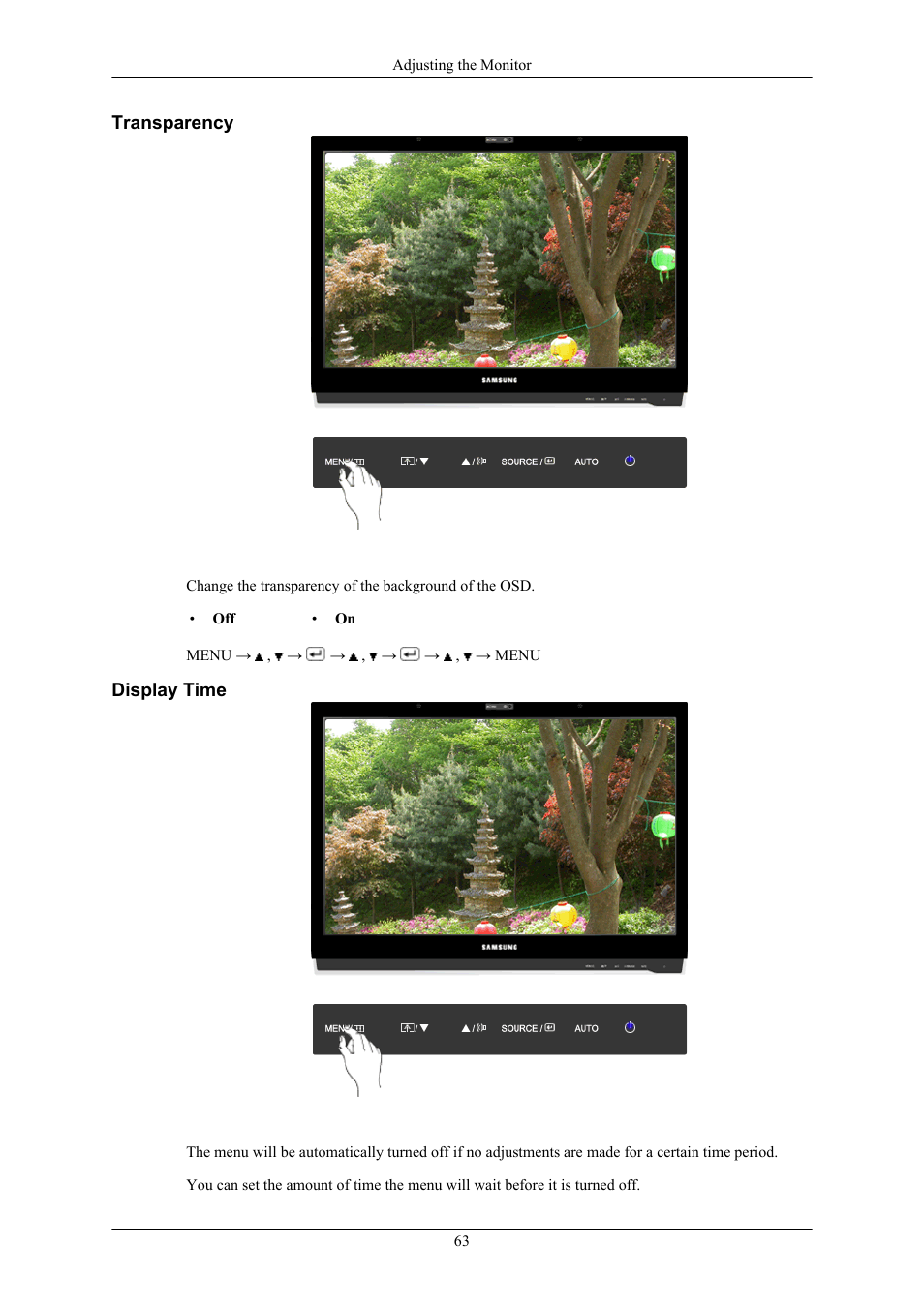 Transparency, Display time | Samsung 2263UW User Manual | Page 64 / 88