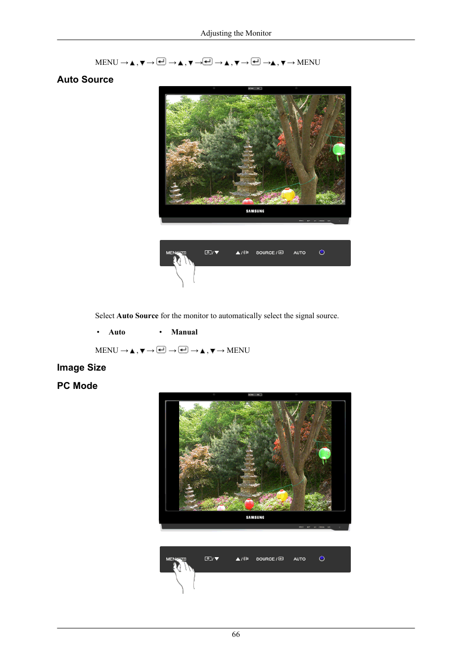 Auto source, Image size, Pc mode | Samsung 2263UW User Manual | Page 67 / 88