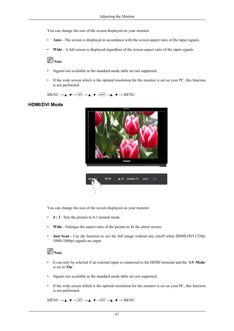 Hdmi/dvi mode | Samsung 2263UW User Manual | Page 68 / 88