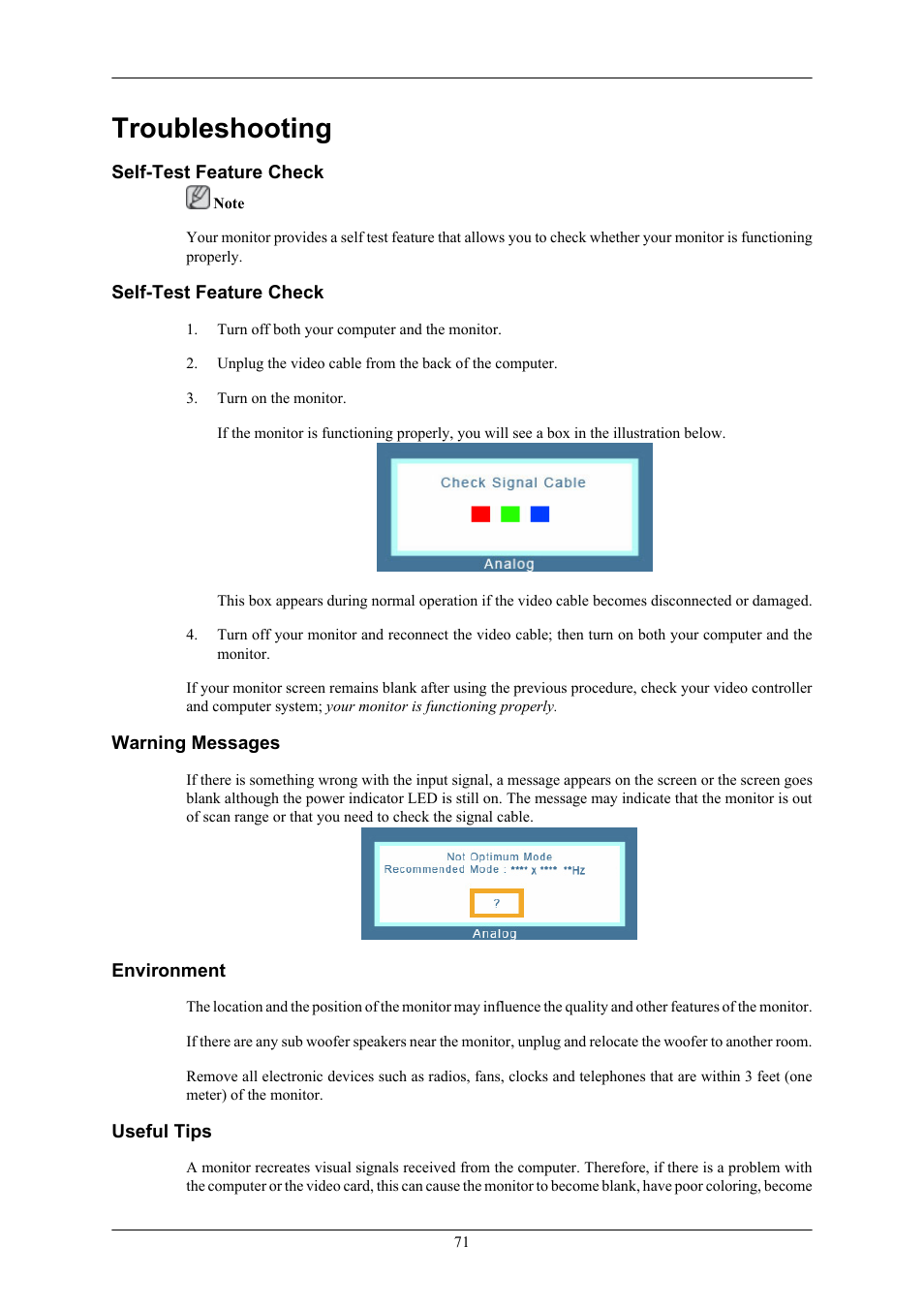 Troubleshooting, Self-test feature check, Warning messages | Environment, Useful tips | Samsung 2263UW User Manual | Page 72 / 88