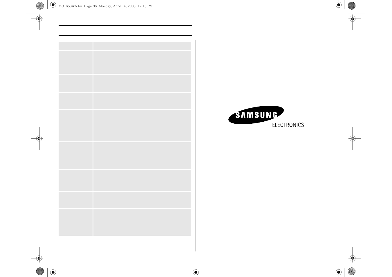 Quick reference | Samsung MO1650WA User Manual | Page 36 / 36