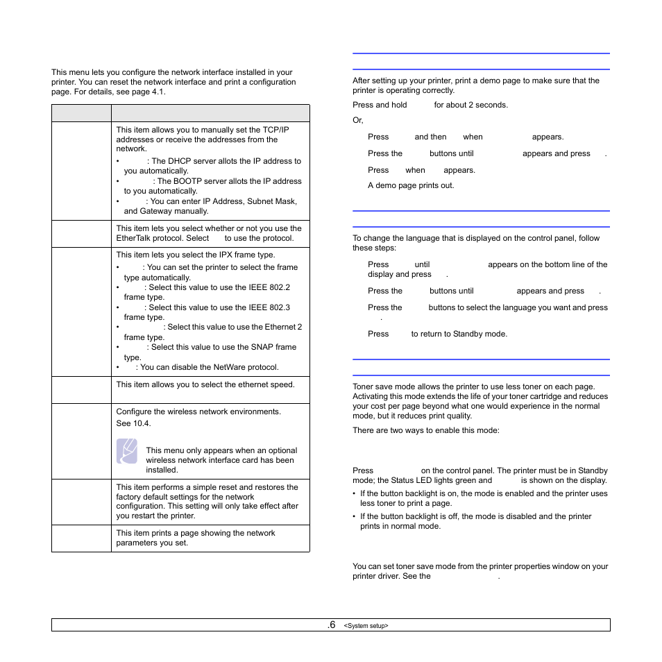Network menu, Changing the display language, Using toner save mode | Using the control panel button, From the software application, Age 2.6.), Printing a demo page | Samsung ML-4050N User Manual | Page 21 / 111