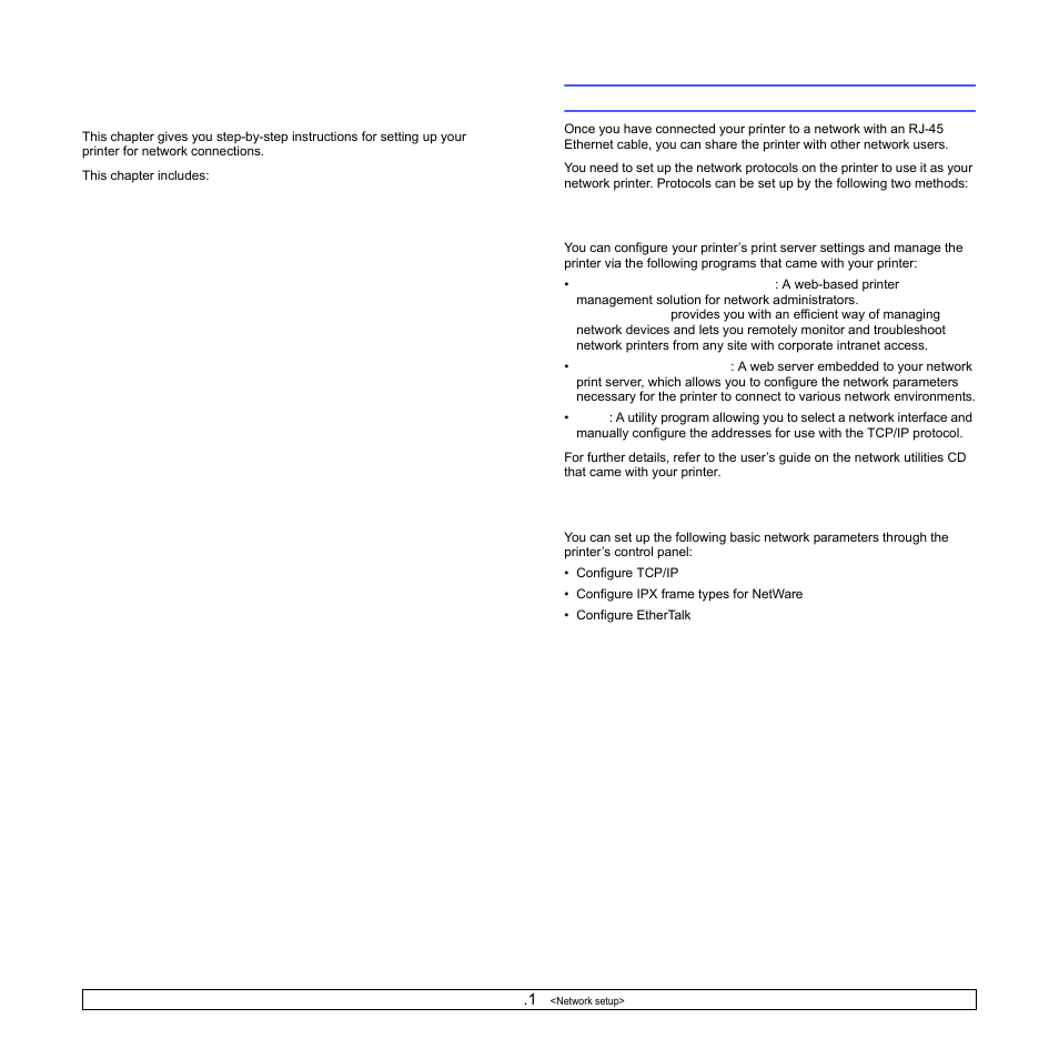 Network setup, Introduction, Via network administration programs | Via the control panel | Samsung ML-4050N User Manual | Page 25 / 111