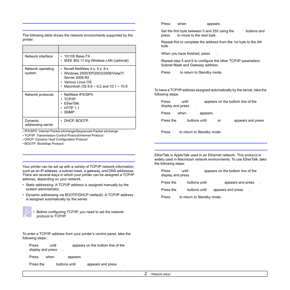 Supported operating systems, Configuring tcp/ip, Static addressing | Dynamic addressing (bootp/dhcp), Configuring ethertalk | Samsung ML-4050N User Manual | Page 26 / 111