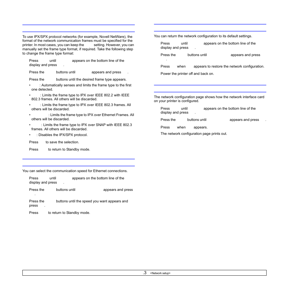 Configuring ipx frame types, Setting ethernet speed, Restoring the network configuration | Printing a network configuration page | Samsung ML-4050N User Manual | Page 27 / 111