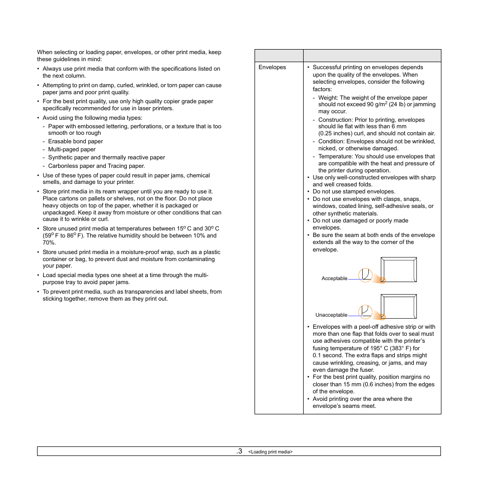 Guidelines for selecting and storing print media | Samsung ML-4050N User Manual | Page 30 / 111