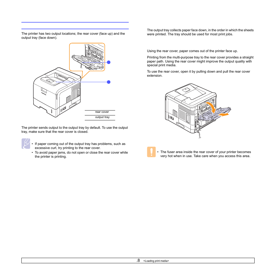 Selecting an output location, Printing to the output tray (face down), Printing to the rear cover (face up) | Printing to the output tray, Printing to the rear cover | Samsung ML-4050N User Manual | Page 35 / 111