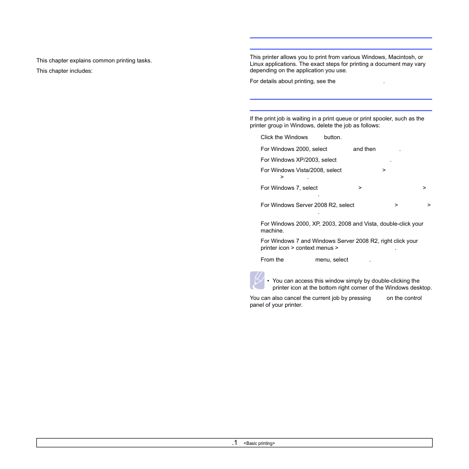 Basic printing, Printing a document, Canceling a print job | Printing a document canceling a print job | Samsung ML-4050N User Manual | Page 36 / 111