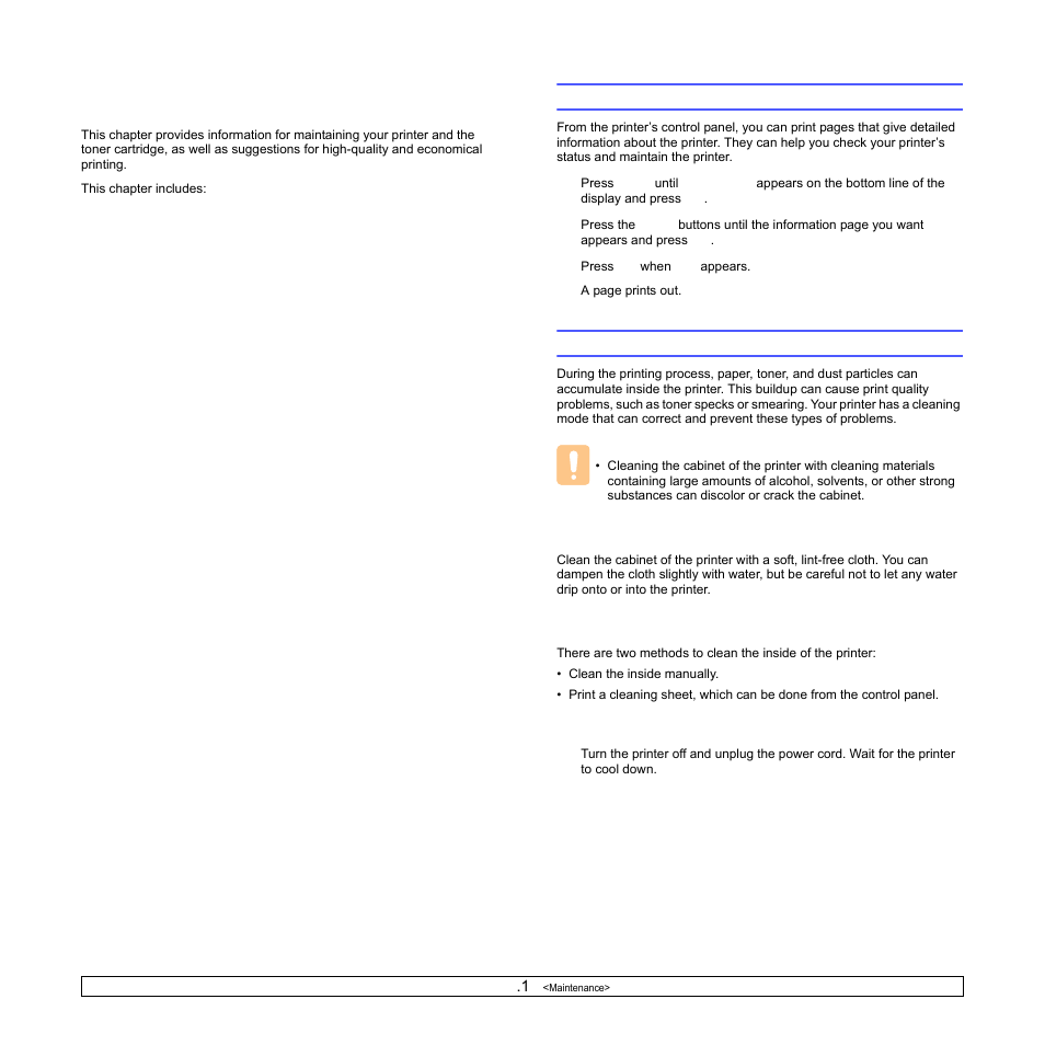 Maintenance, Cleaning the printer, Cleaning the outside of the printer | Cleaning the inside of the printer | Samsung ML-4050N User Manual | Page 39 / 111