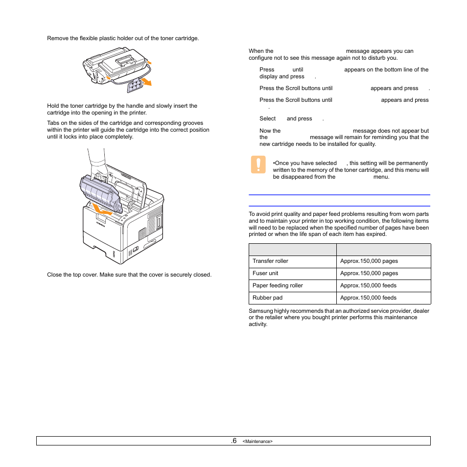 Clearing the toner low replace toner message, Maintenance parts | Samsung ML-4050N User Manual | Page 44 / 111