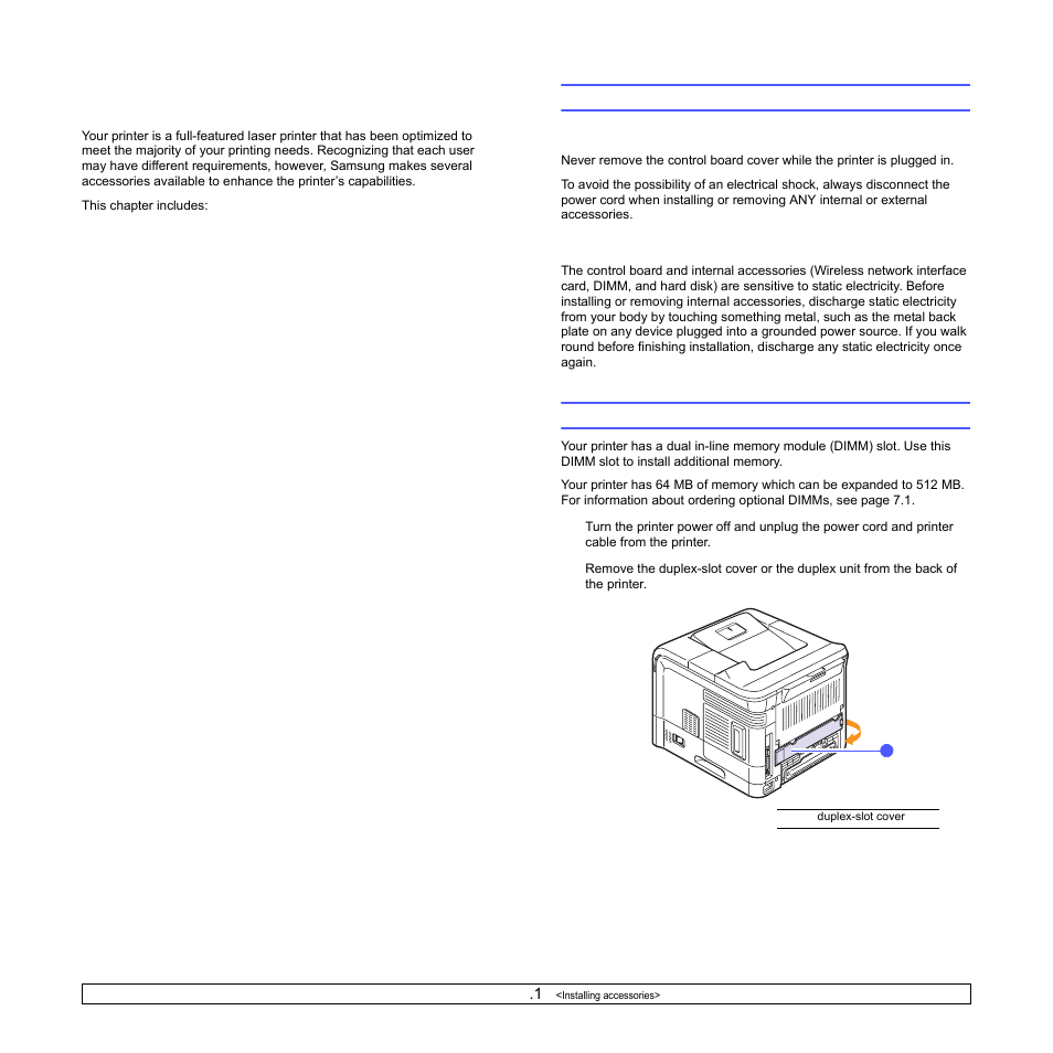 Installing accessories, Precautions when installing accessories, Installing a memory dimm | Samsung ML-4050N User Manual | Page 59 / 111