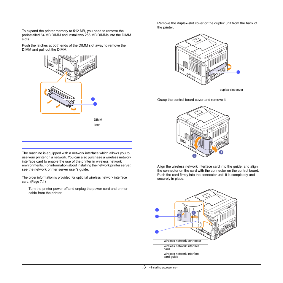 Removing a dimm, Installing a wireless network interface card | Samsung ML-4050N User Manual | Page 61 / 111