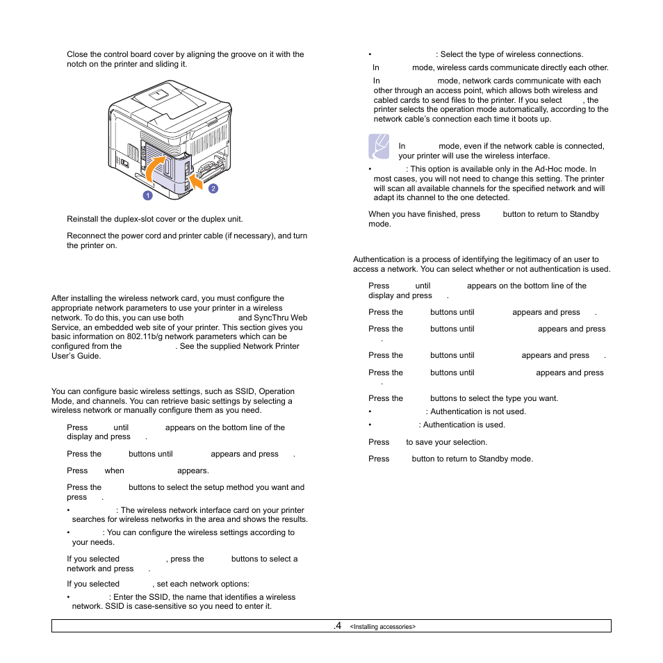 Configuring the wireless network parameters | Samsung ML-4050N User Manual | Page 62 / 111