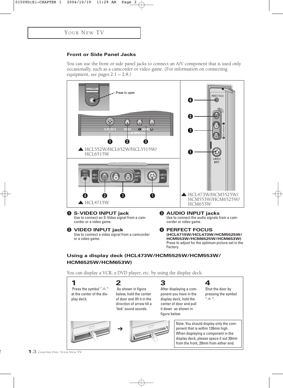 Front/side panel jacks, Using a display deck | Samsung HCL4715W User Manual | Page 10 / 67