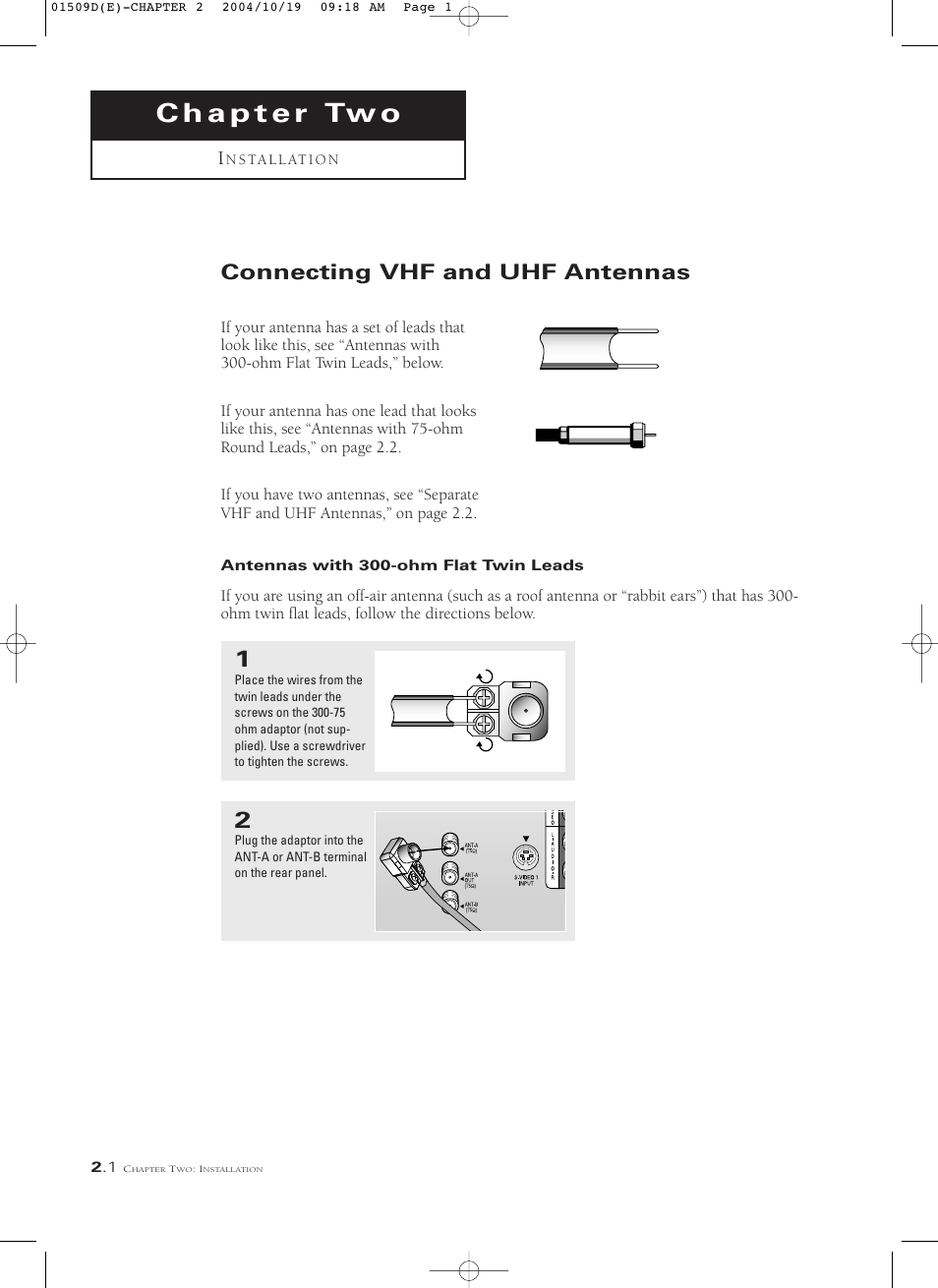 Chapter 2: installation, Connecting vhf and uhf antennas, Antennas with 300-ohm flat twin leads | Samsung HCL4715W User Manual | Page 14 / 67