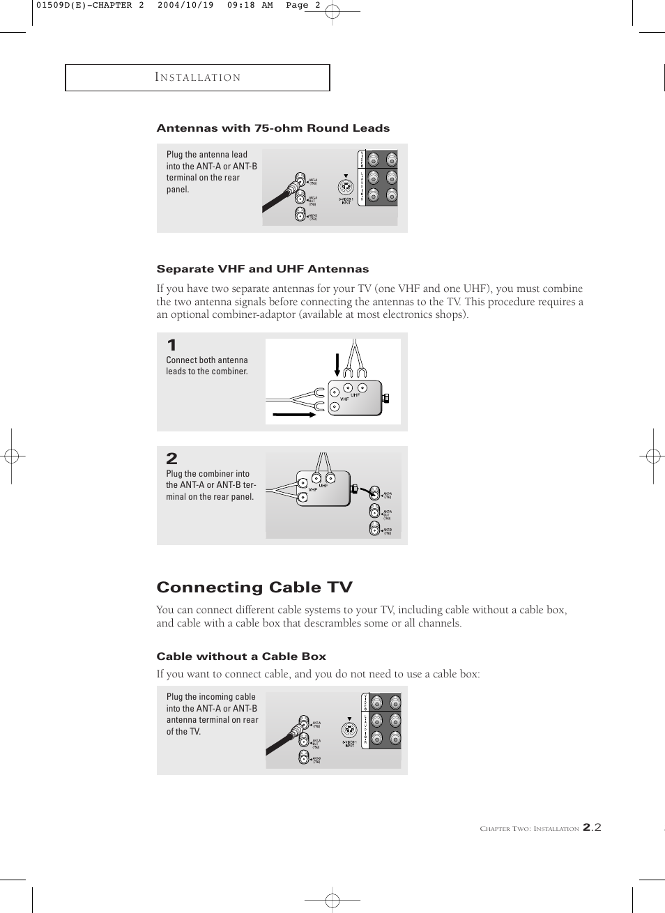 Antennas with 75-ohm round leads, Separate vhf and uhf antennas, Connecting cable tv | Cable without a cable box | Samsung HCL4715W User Manual | Page 15 / 67