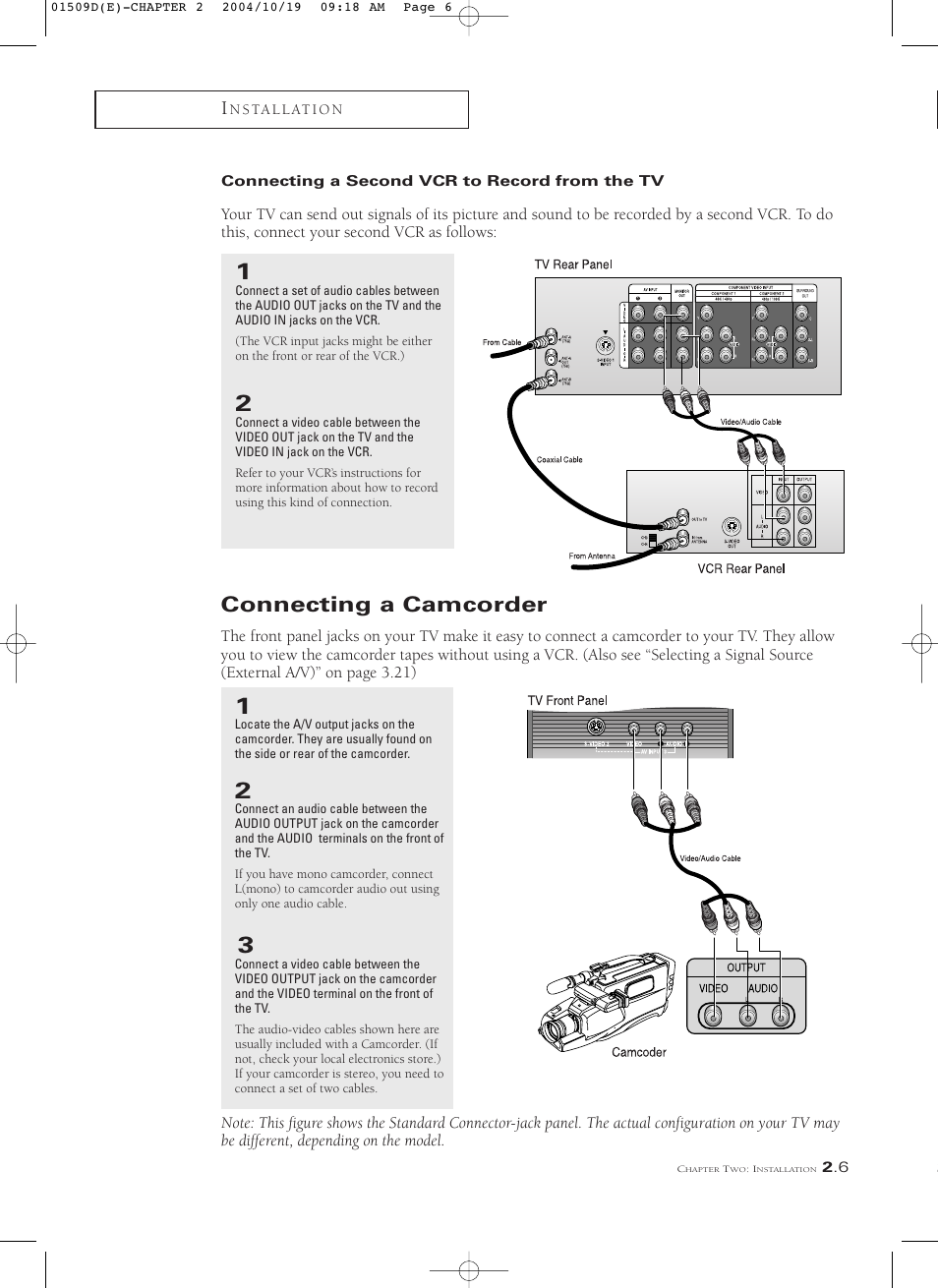 Connecting a second vcr to record from the tv, Connecting a camcorder | Samsung HCL4715W User Manual | Page 19 / 67