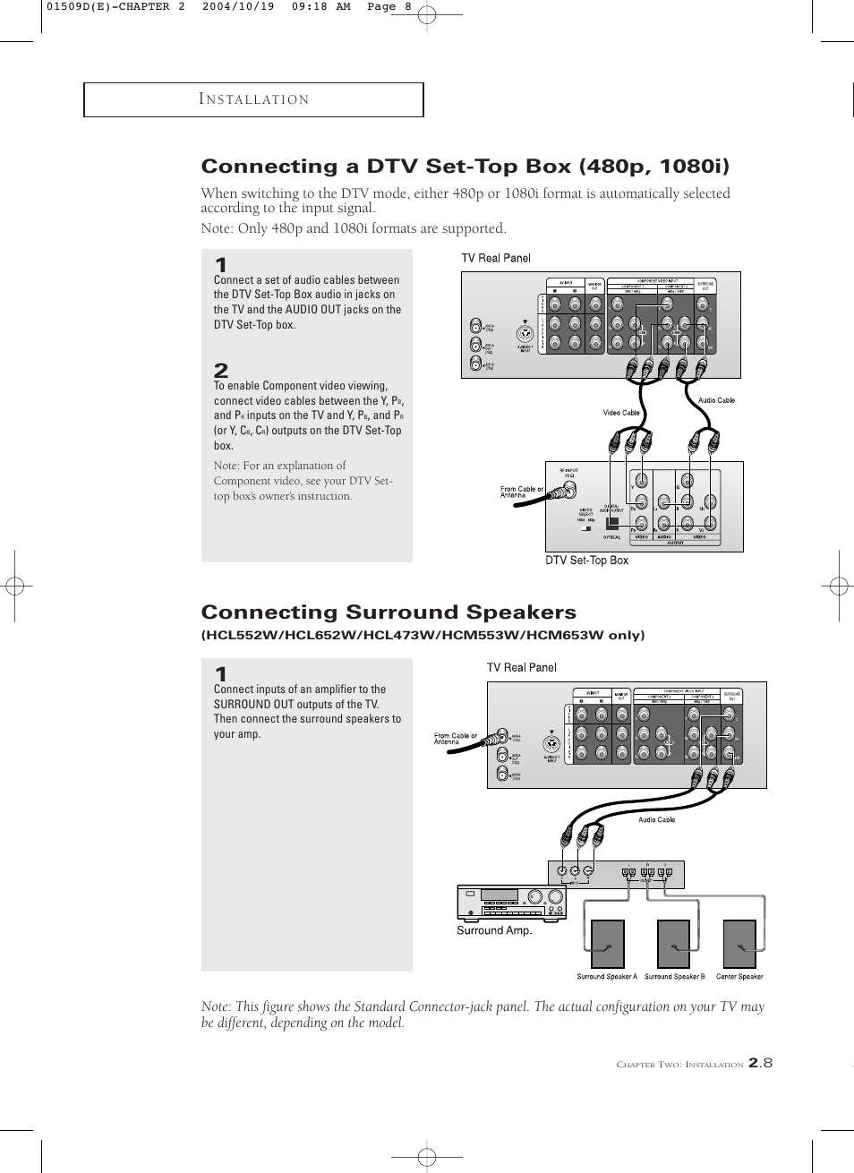 Connecting a dtv set-top box (480p, 1080i), Connecting surround speakers | Samsung HCL4715W User Manual | Page 21 / 67