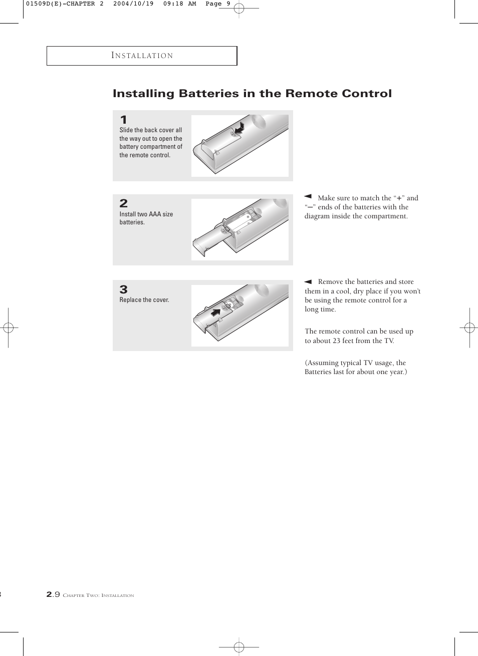 Installing batteries in the remote control | Samsung HCL4715W User Manual | Page 22 / 67