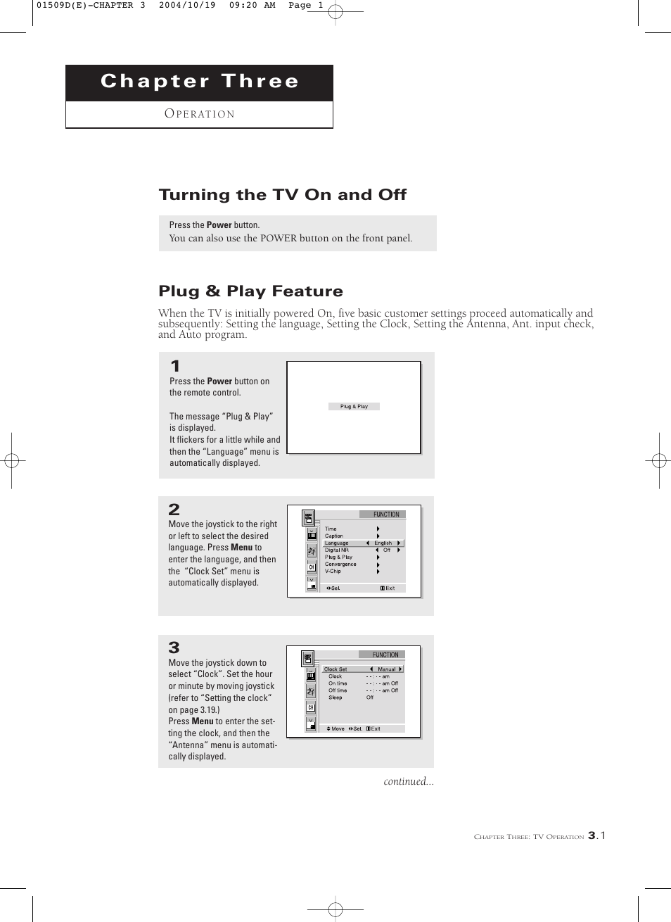 Chapter 3: operation, Turning the tv on and off, Plug & play feature | Samsung HCL4715W User Manual | Page 23 / 67