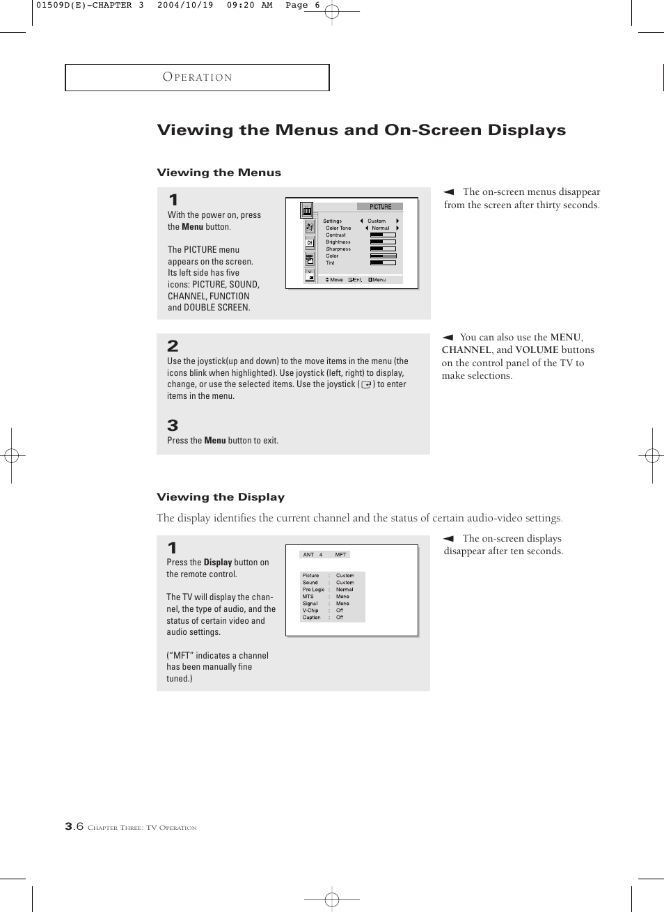 Viewing the menus and on-screen displays, Viewing the menus, Viewing the display | Samsung HCL4715W User Manual | Page 28 / 67