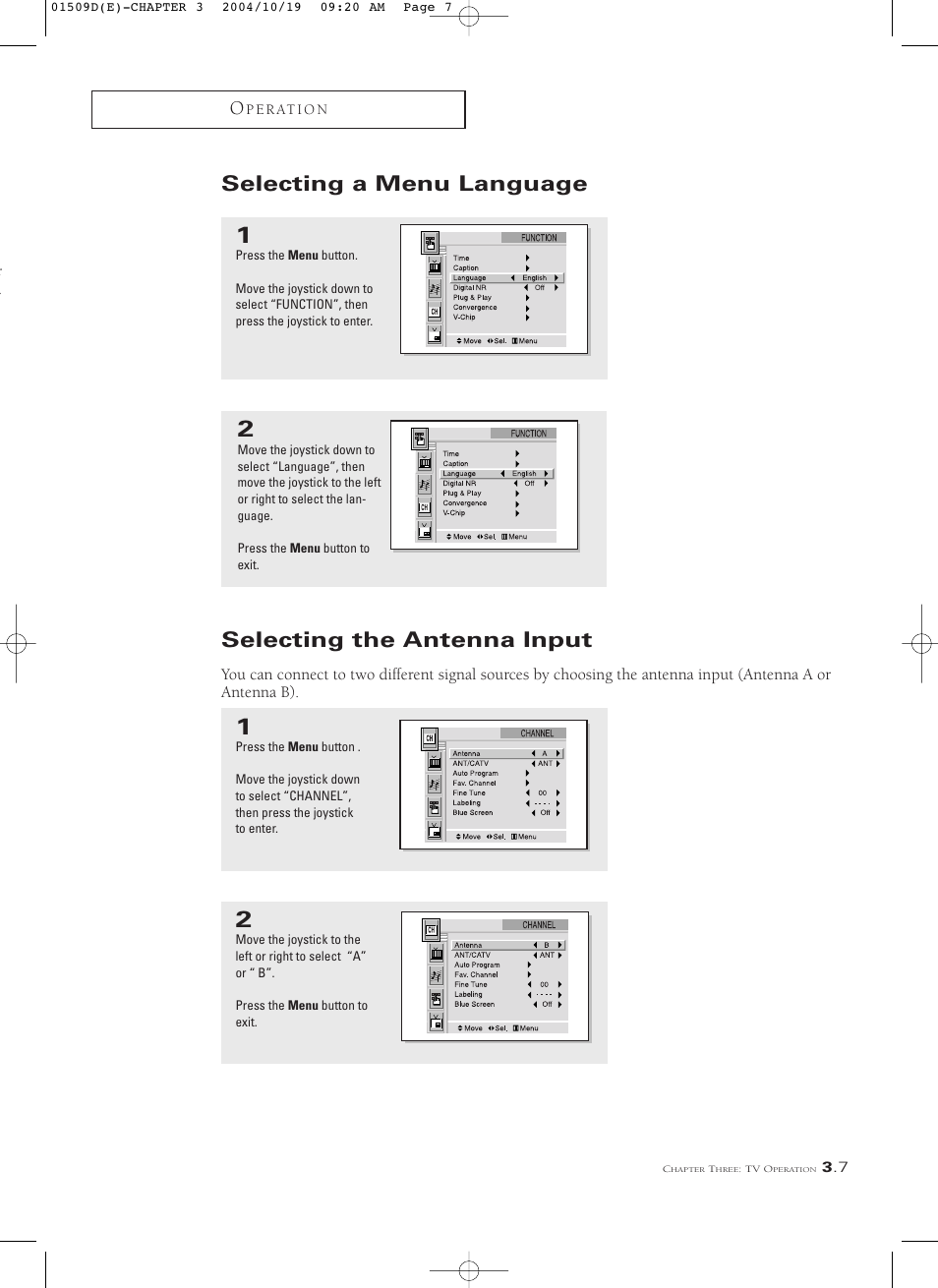 Selecting a menu language, Selecting the antenna input | Samsung HCL4715W User Manual | Page 29 / 67