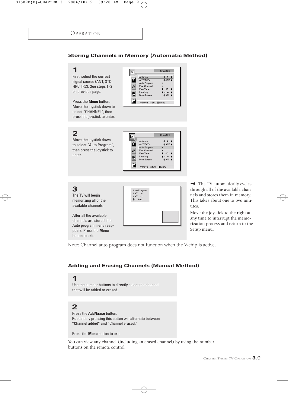 Storing channels in memory (automatic method), Adding and erasing channels (manual method) | Samsung HCL4715W User Manual | Page 31 / 67