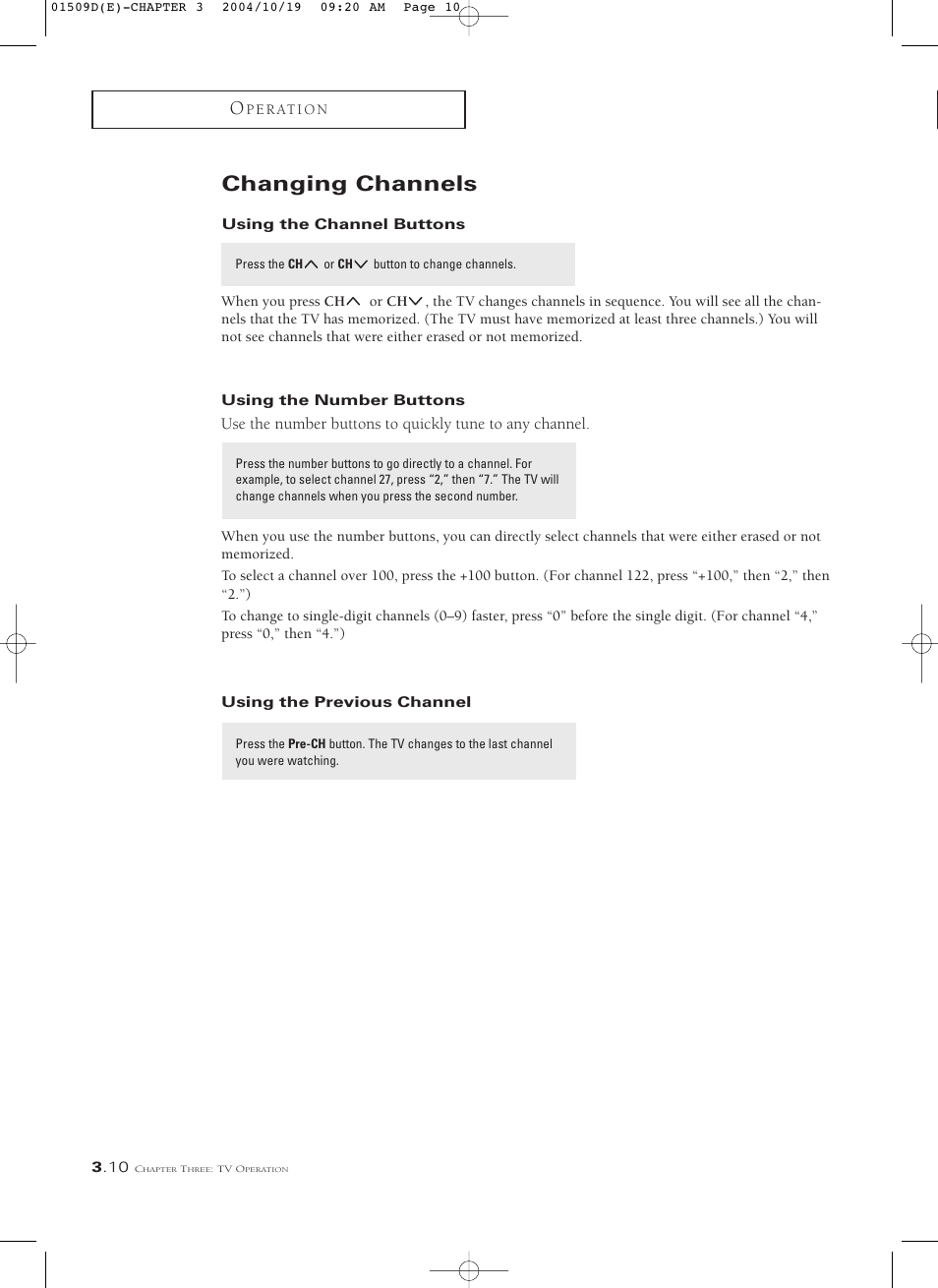 Changing channels, Using the channel buttons, Using the number buttons | Using the previous channel | Samsung HCL4715W User Manual | Page 32 / 67