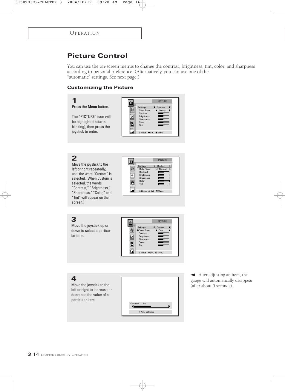 Picture control, Customizing the picture | Samsung HCL4715W User Manual | Page 36 / 67