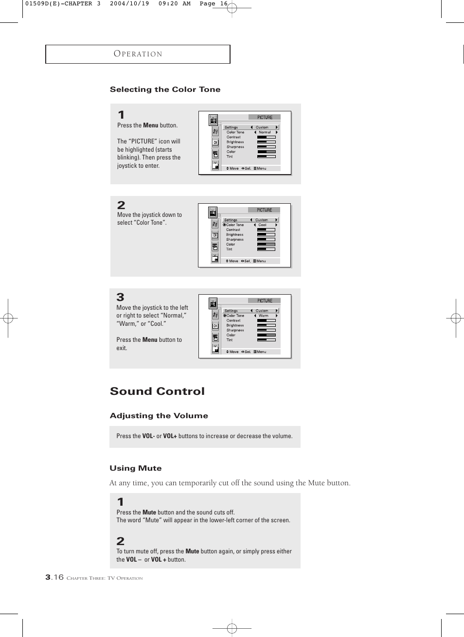 Selecting the color tone, Sound control, Adjusting the volume | Using mute | Samsung HCL4715W User Manual | Page 38 / 67