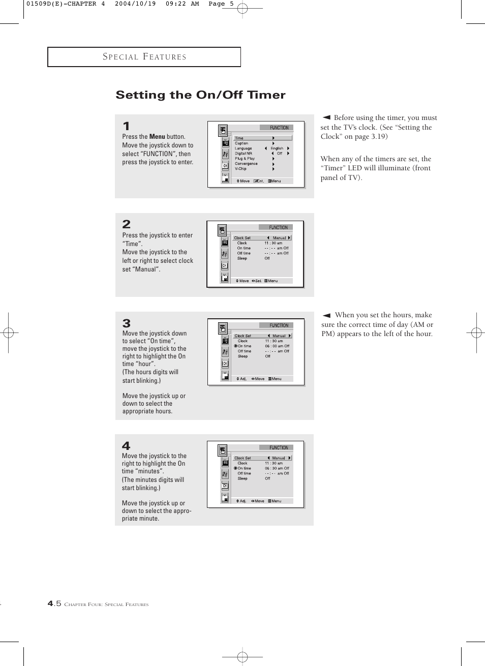 Setting the on/off timer | Samsung HCL4715W User Manual | Page 48 / 67