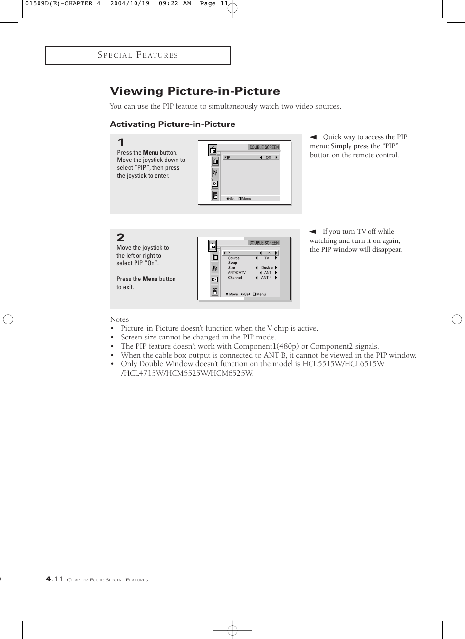 Viewing picture-in-picture, Activating picture-in-picture | Samsung HCL4715W User Manual | Page 54 / 67