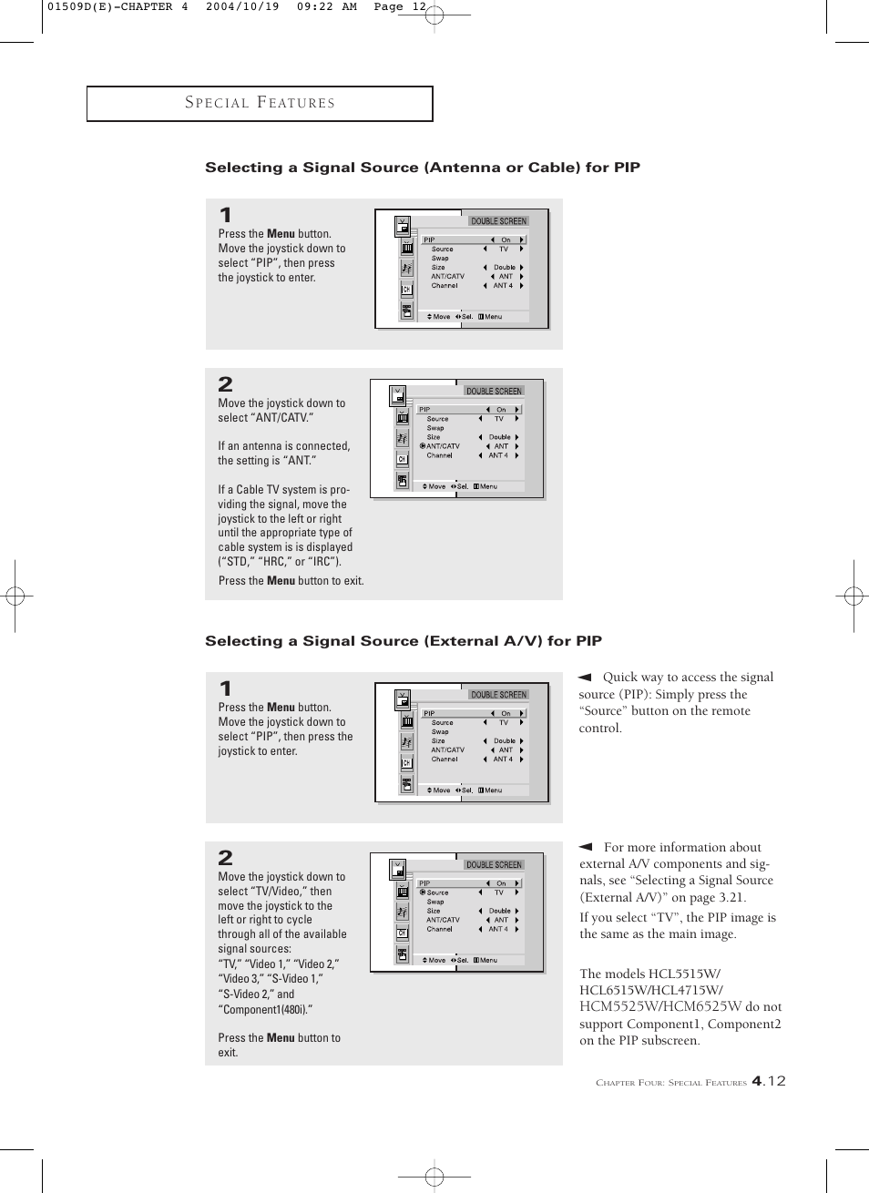 Selecting a signal source (external a/v) for pip | Samsung HCL4715W User Manual | Page 55 / 67