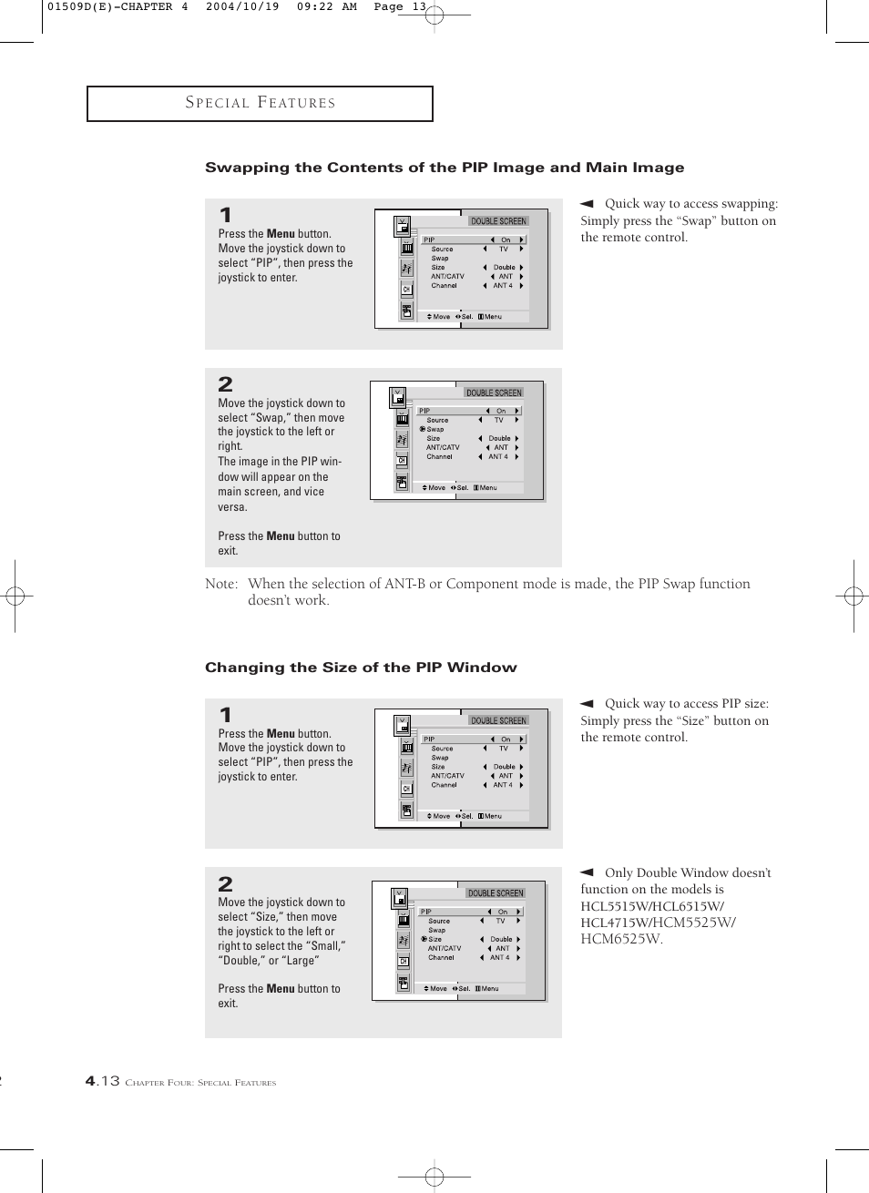 Changing the size of the pip window | Samsung HCL4715W User Manual | Page 56 / 67