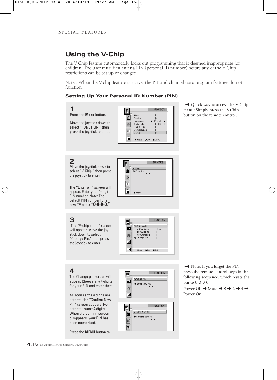 Using the v-chip, Setting up your personal id number (pin) | Samsung HCL4715W User Manual | Page 58 / 67