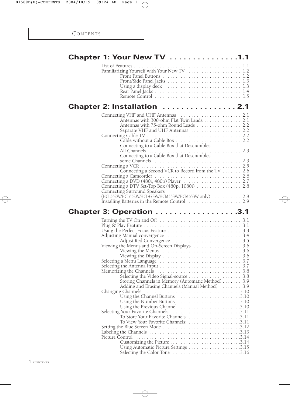 Chapter 1: your new tv, Chapter 2: installation, Chapter 3: operation | Samsung HCL4715W User Manual | Page 6 / 67