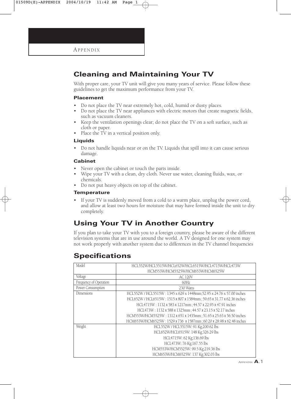 Appendix, Cleaning and maintaining your tv, Using your tv in another country | Specifications | Samsung HCL4715W User Manual | Page 67 / 67