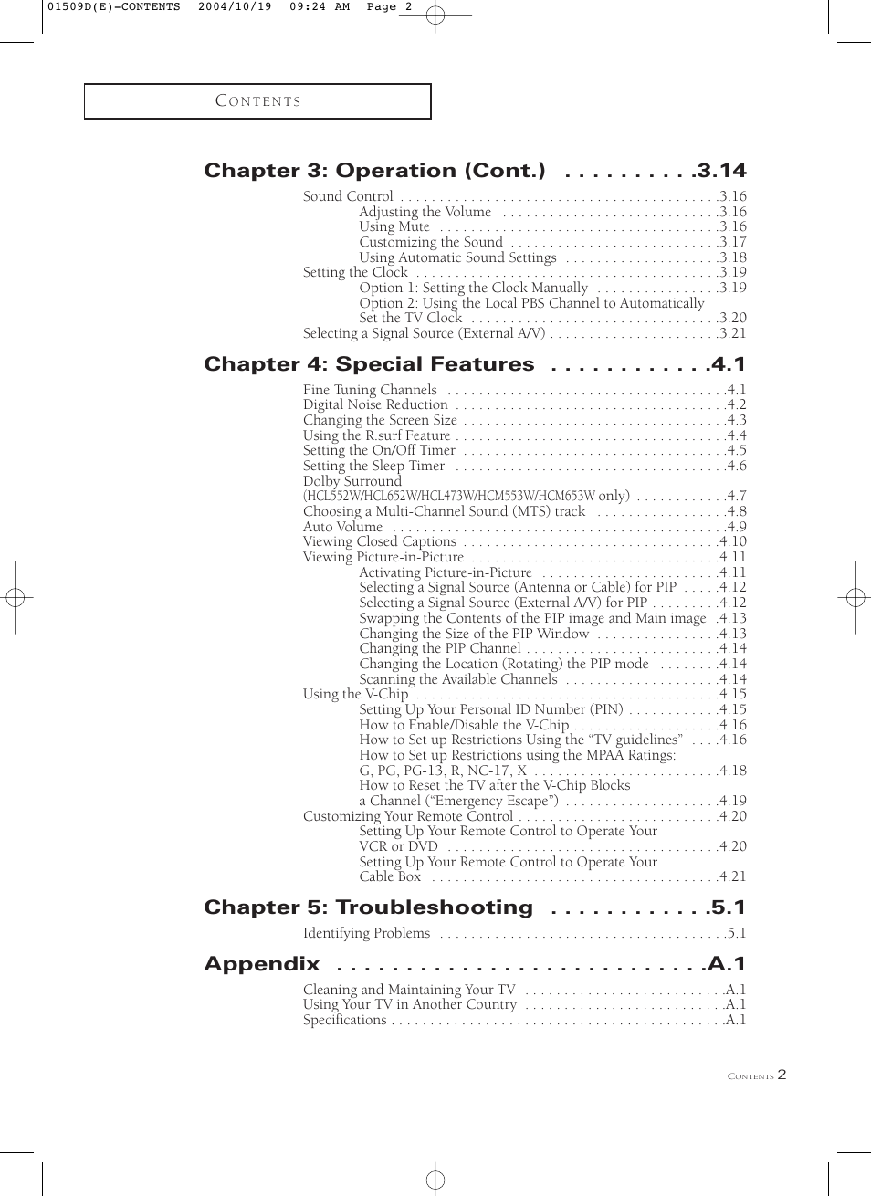 Chapter 3: operation (cont.), Chapter 4: special features, Chapter 5: troubleshooting | Samsung HCL4715W User Manual | Page 7 / 67