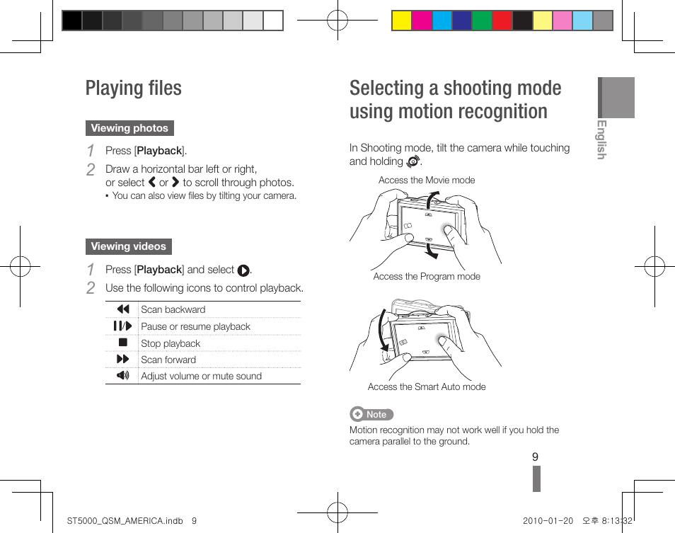 Playing files, Selecting a shooting mode using motion recognition | Samsung AD68-04709A User Manual | Page 9 / 32