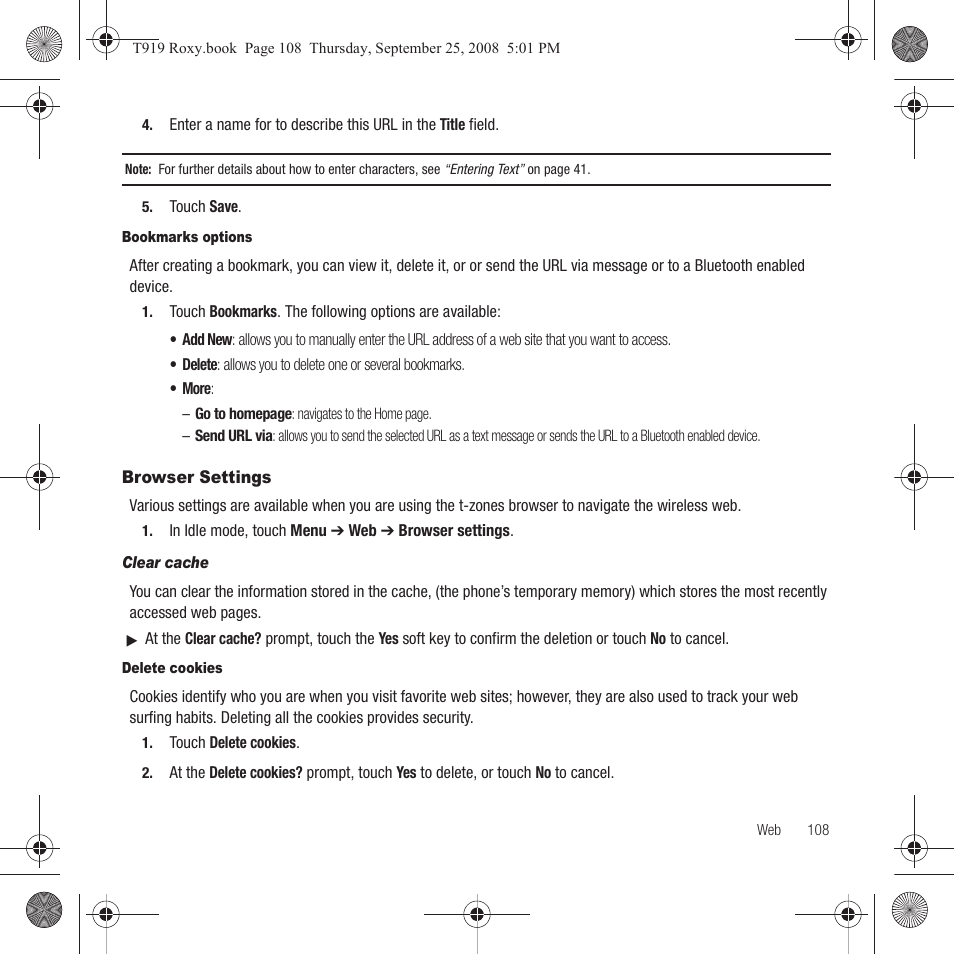 Browser settings | Samsung Behold Series User Manual | Page 111 / 186