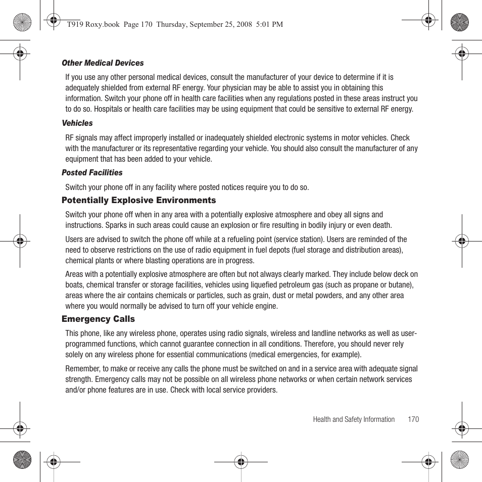 Potentially explosive environments, Emergency calls, Potentially explosive environments emergency calls | Samsung Behold Series User Manual | Page 173 / 186