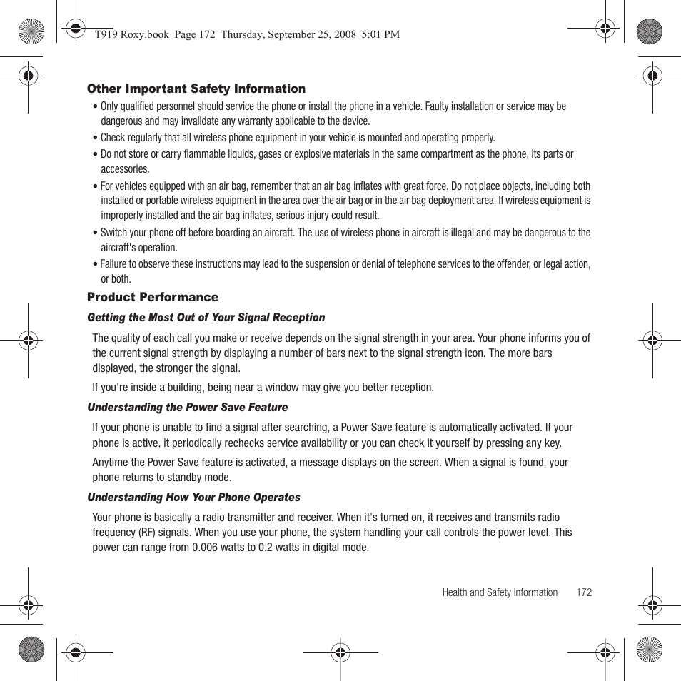 Other important safety information, Product performance | Samsung Behold Series User Manual | Page 175 / 186