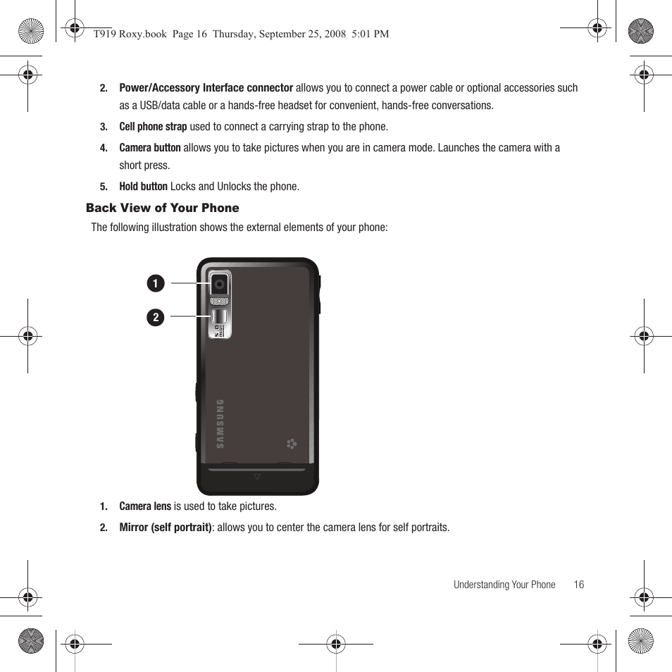 Back view of your phone | Samsung Behold Series User Manual | Page 19 / 186