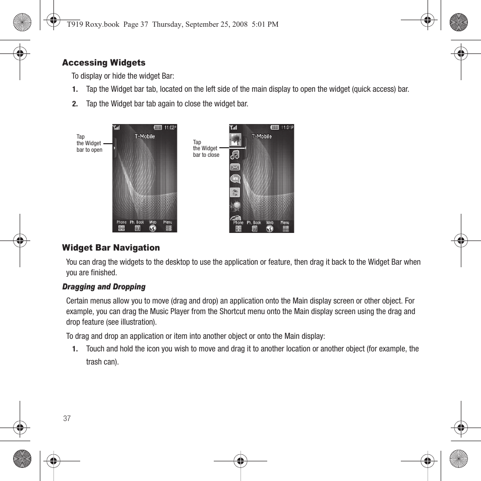 Accessing widgets, Widget bar navigation, Accessing widgets widget bar navigation | Samsung Behold Series User Manual | Page 40 / 186