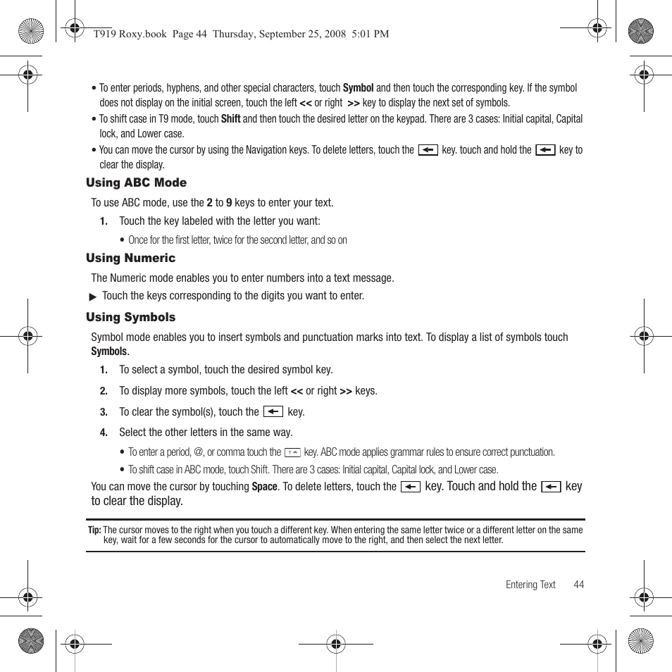 Using abc mode, Using numeric, Using symbols | Using abc mode using numeric using symbols | Samsung Behold Series User Manual | Page 47 / 186