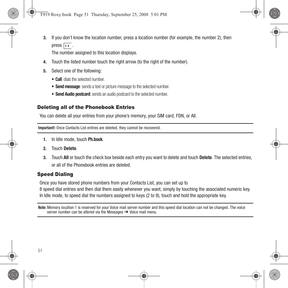 Deleting all of the phonebook entries, Speed dialing | Samsung Behold Series User Manual | Page 54 / 186