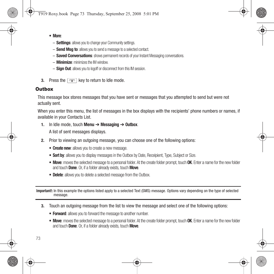 Outbox | Samsung Behold Series User Manual | Page 76 / 186